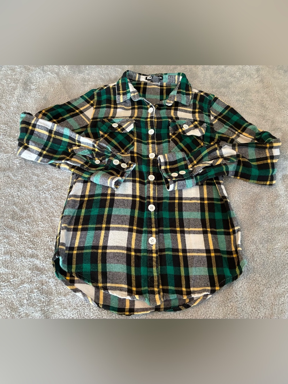 Women’s Planet Gold Brand Green Plaid Long-Sleeve Flannel Shirt Size Small